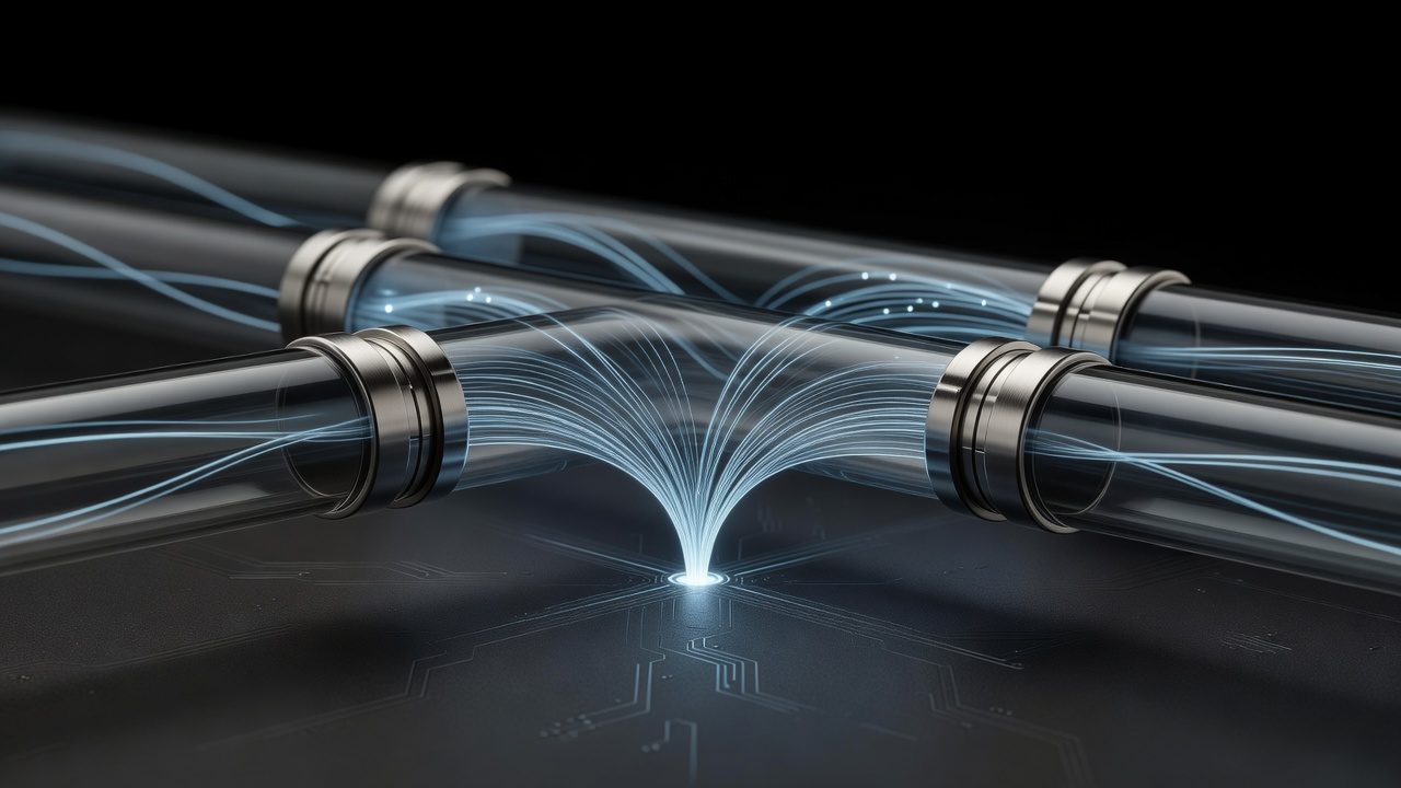 Illuminated glass channels converging into a single machined junction