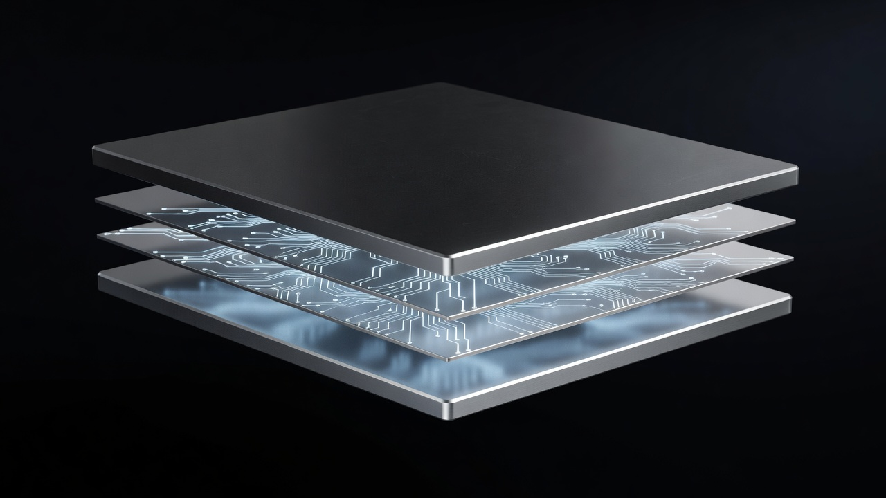 Exploded titanium compute core with cyan-lit circuit layers