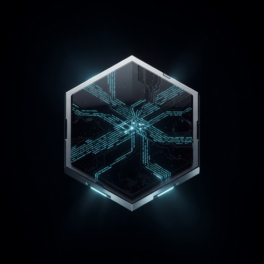 Official OPCODE token mark: a silver hexagonal engine with illuminated cyan circuitry